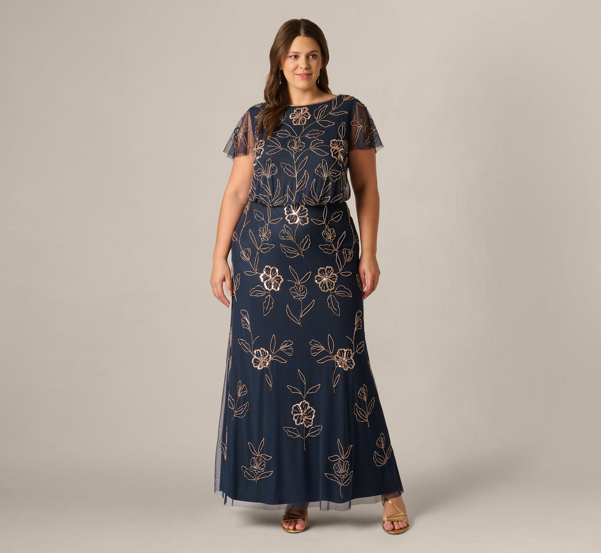 Plus Size Flutter Sleeve Floral Beaded Blouson Gown - Navy Rosegold | Adrianna Papell