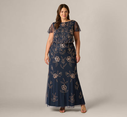 Plus Size Flutter Sleeve Floral Beaded Blouson Gown - Navy Rosegold | Adrianna Papell