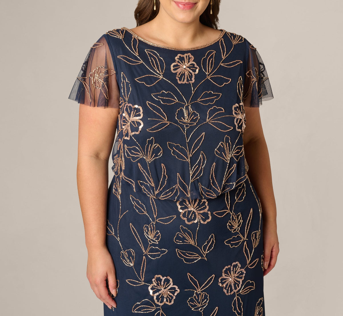 Plus Size Flutter Sleeve Floral Beaded Blouson Gown - Navy Rosegold | Adrianna Papell