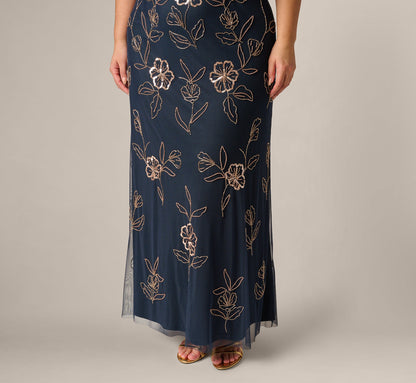 Plus Size Flutter Sleeve Floral Beaded Blouson Gown - Navy Rosegold | Adrianna Papell