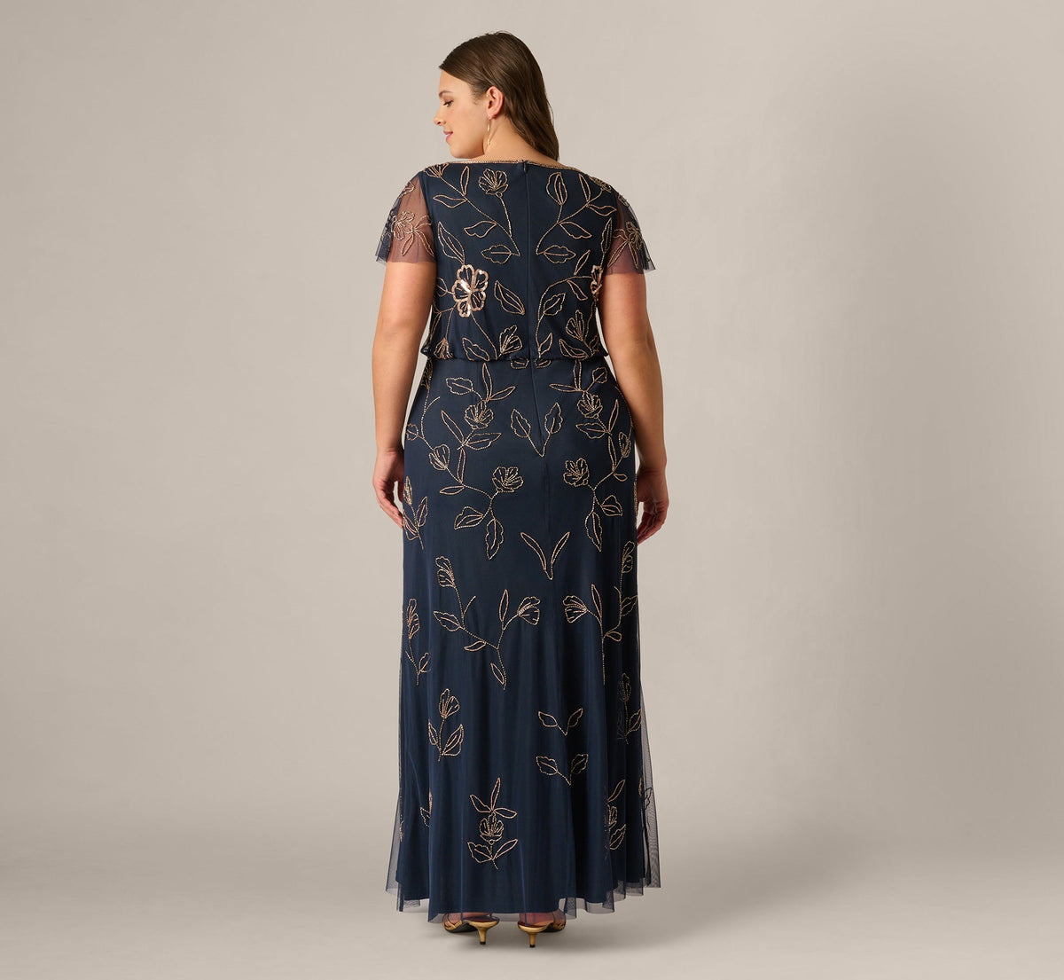 Plus Size Flutter Sleeve Floral Beaded Blouson Gown - Navy Rosegold | Adrianna Papell