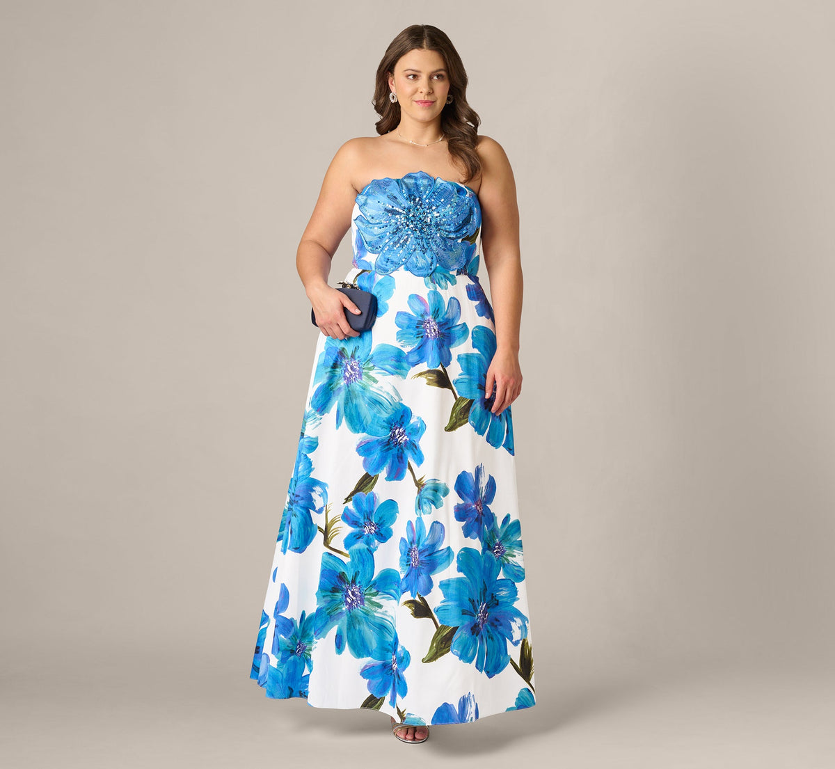 Plus Size Strapless 3D Floral Beaded Dupioni Gown - Ivory Blue Multi | Adrianna Papell