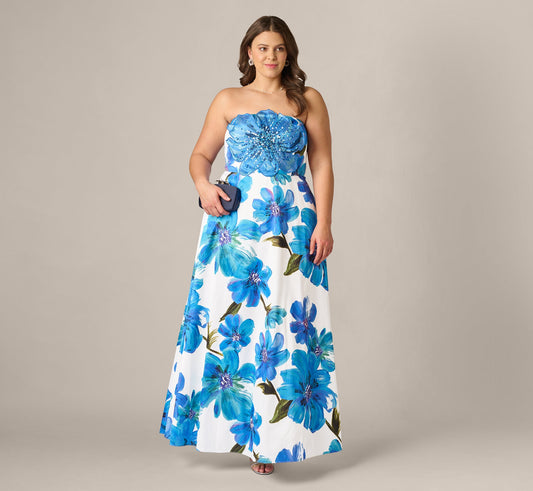 Plus Size Strapless 3D Floral Beaded Dupioni Gown - Ivory Blue Multi | Adrianna Papell