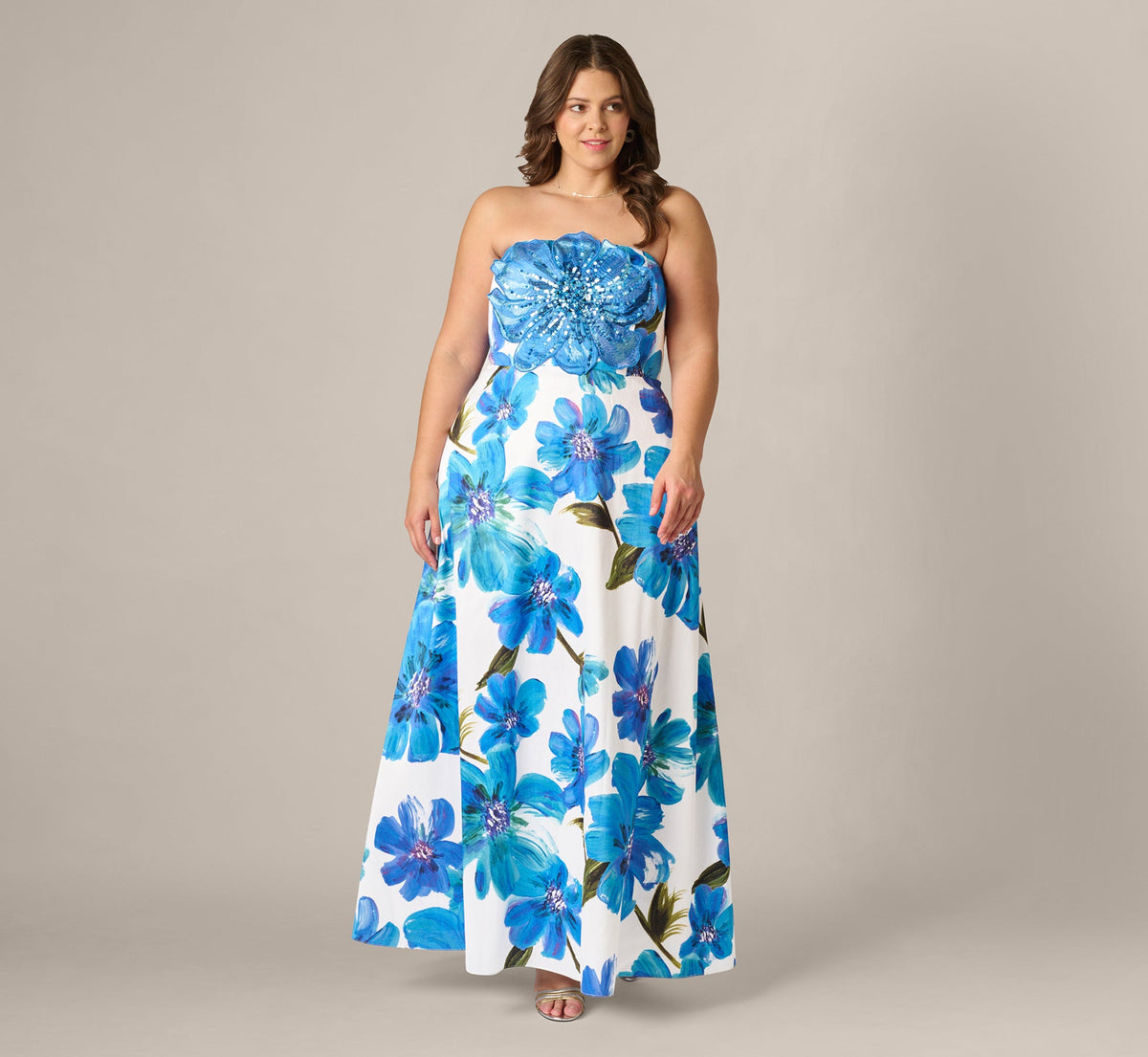 Plus Size Strapless 3D Floral Beaded Dupioni Gown - Ivory Blue Multi | Adrianna Papell