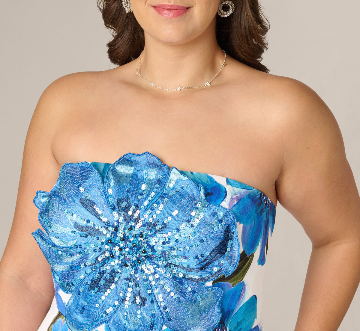 Plus Size Strapless 3D Floral Beaded Dupioni Gown - Ivory Blue Multi | Adrianna Papell