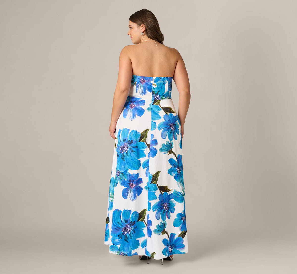 Plus Size Strapless 3D Floral Beaded Dupioni Gown - Ivory Blue Multi | Adrianna Papell