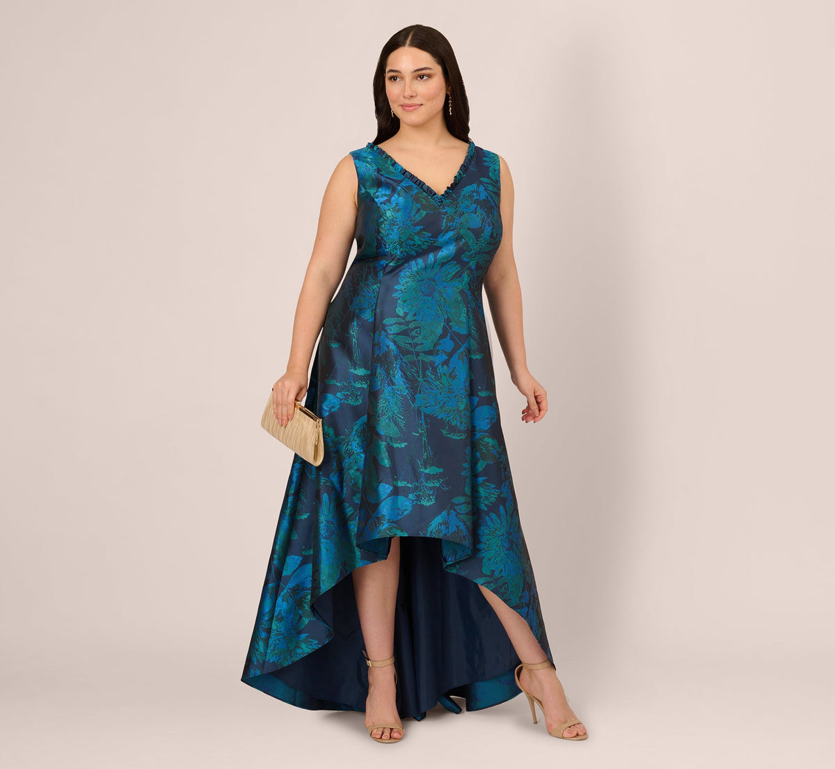 Plus Size Ruffle Floral Jacquard High Low Gown - Cobalt Multi | Adrianna Papell