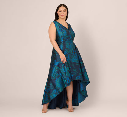 Plus Size Ruffle Floral Jacquard High Low Gown - Cobalt Multi | Adrianna Papell