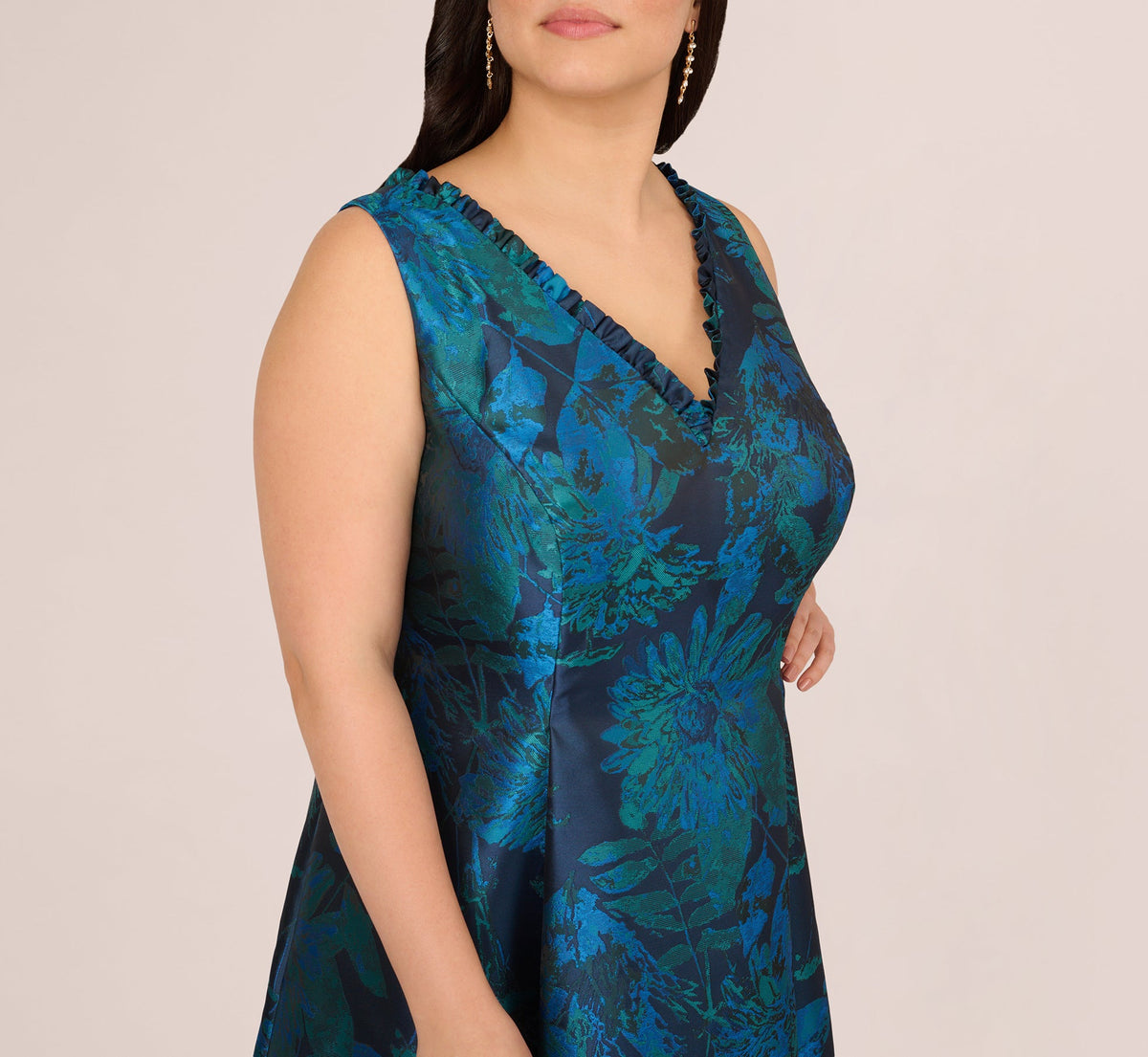 Plus Size Ruffle Floral Jacquard High Low Gown - Cobalt Multi | Adrianna Papell
