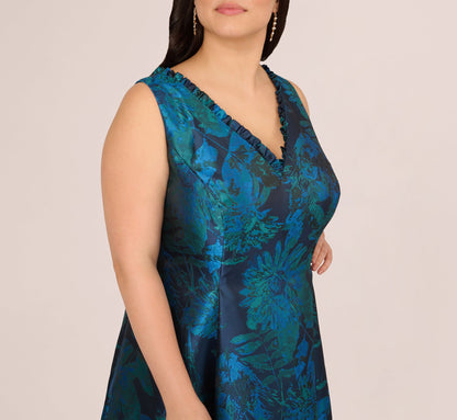 Plus Size Ruffle Floral Jacquard High Low Gown - Cobalt Multi | Adrianna Papell