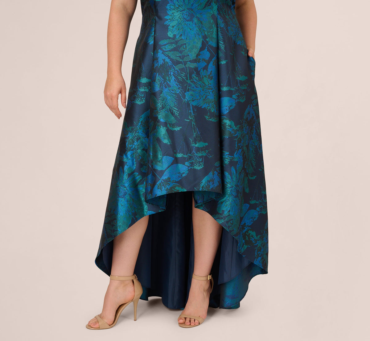 Plus Size Ruffle Floral Jacquard High Low Gown - Cobalt Multi | Adrianna Papell