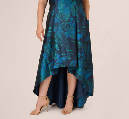 Plus Size Ruffle Floral Jacquard High Low Gown - Cobalt Multi | Adrianna Papell