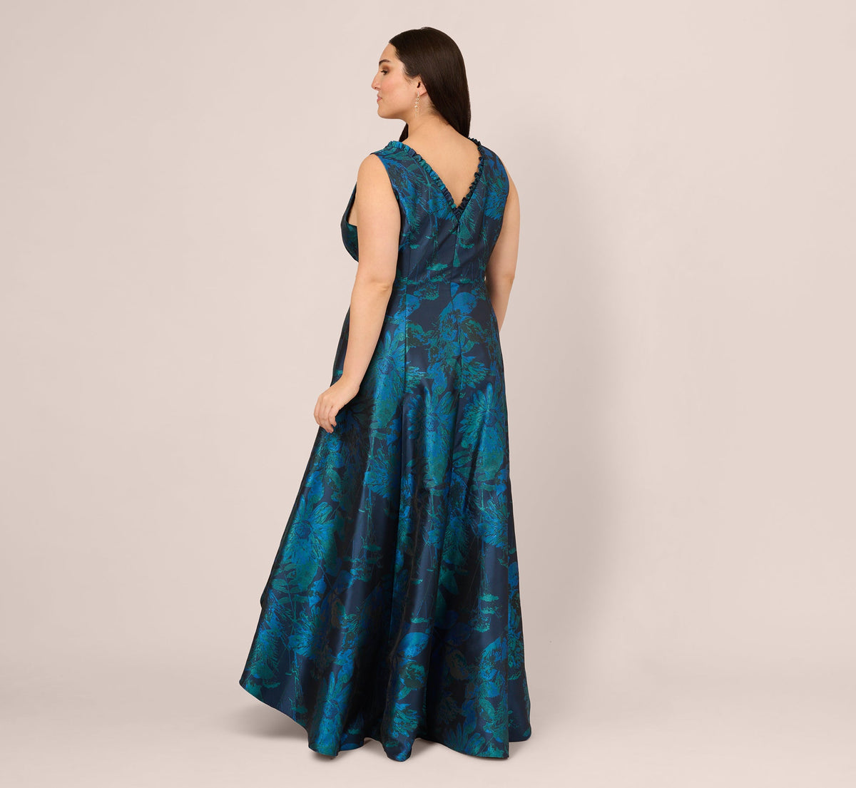 Plus Size Ruffle Floral Jacquard High Low Gown - Cobalt Multi | Adrianna Papell