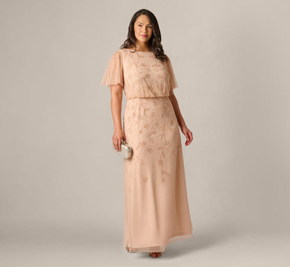 Plus Size Flutter Sleeve Blouson Beaded Gown - Blush | Adrianna Papell