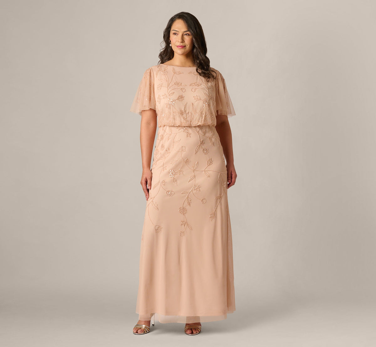 Plus Size Flutter Sleeve Blouson Beaded Gown - Blush | Adrianna Papell