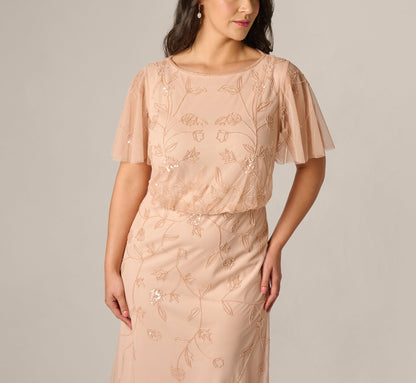 Plus Size Flutter Sleeve Blouson Beaded Gown - Blush | Adrianna Papell