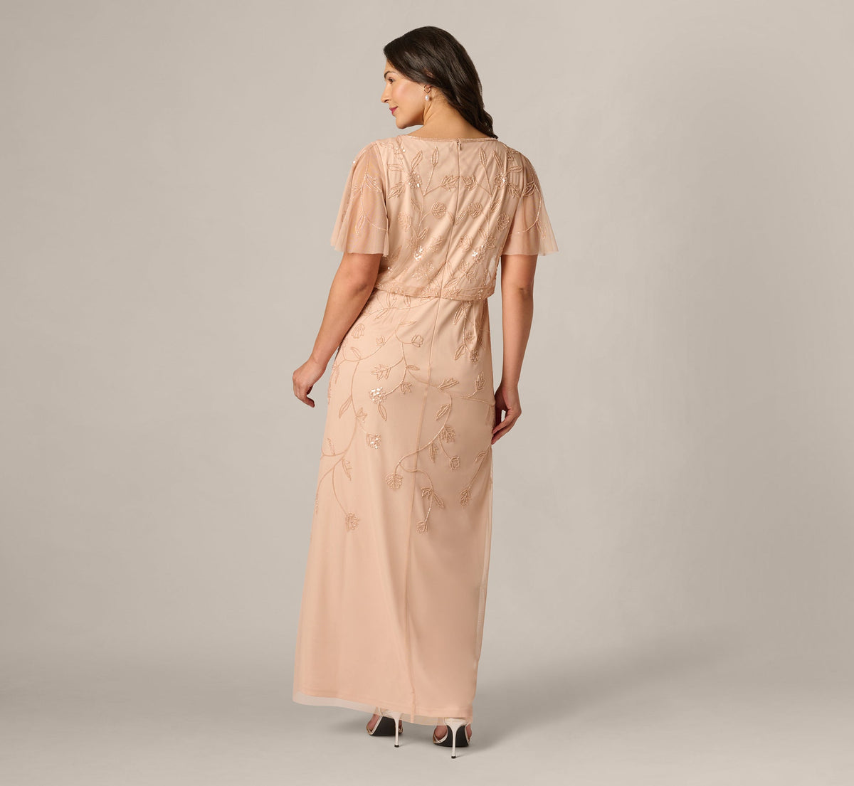 Plus Size Flutter Sleeve Blouson Beaded Gown - Blush | Adrianna Papell