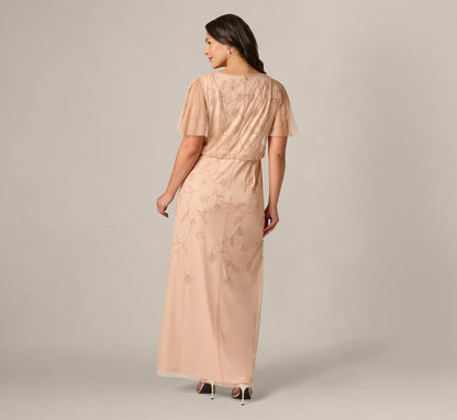 Plus Size Flutter Sleeve Blouson Beaded Gown - Blush | Adrianna Papell