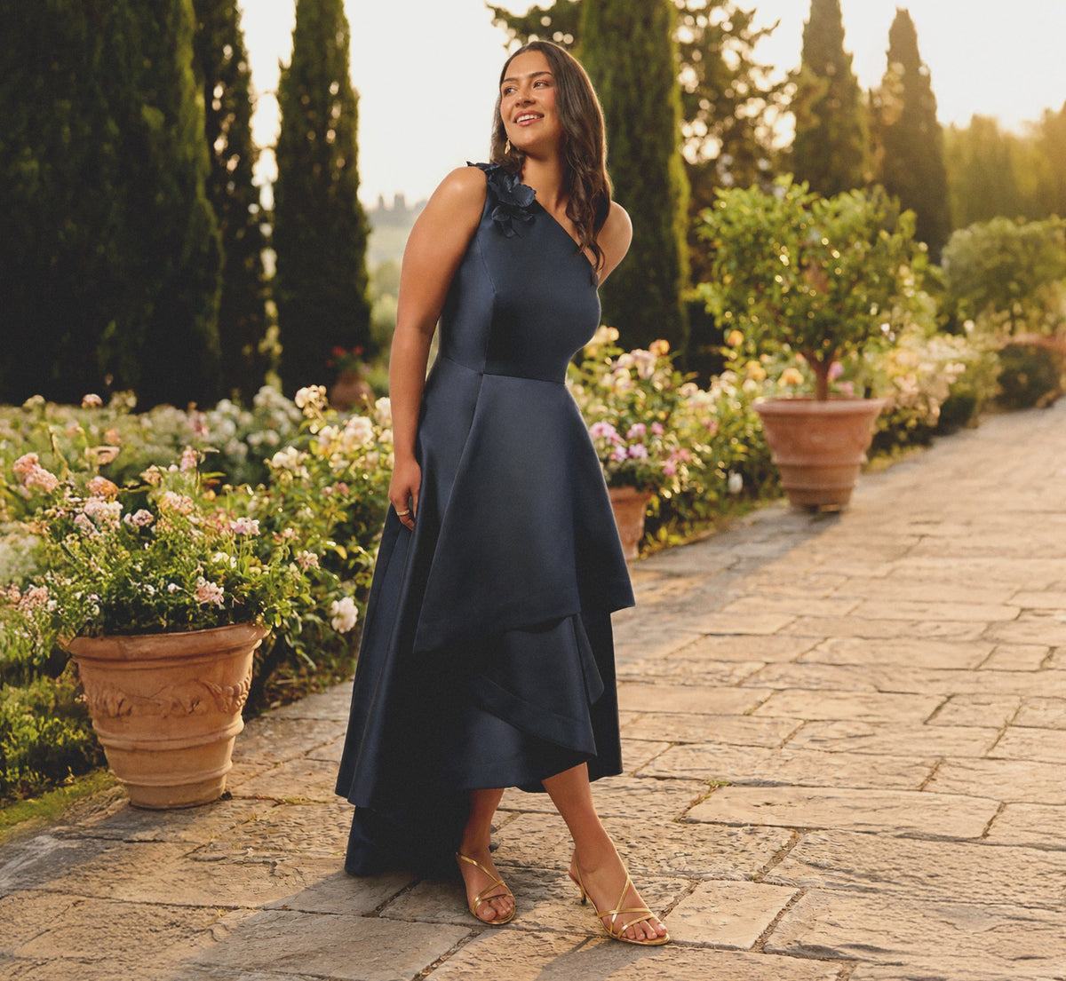 Plus Size One Shoulder Draped Mikado High Low Gown - Midnight | Adrianna Papell