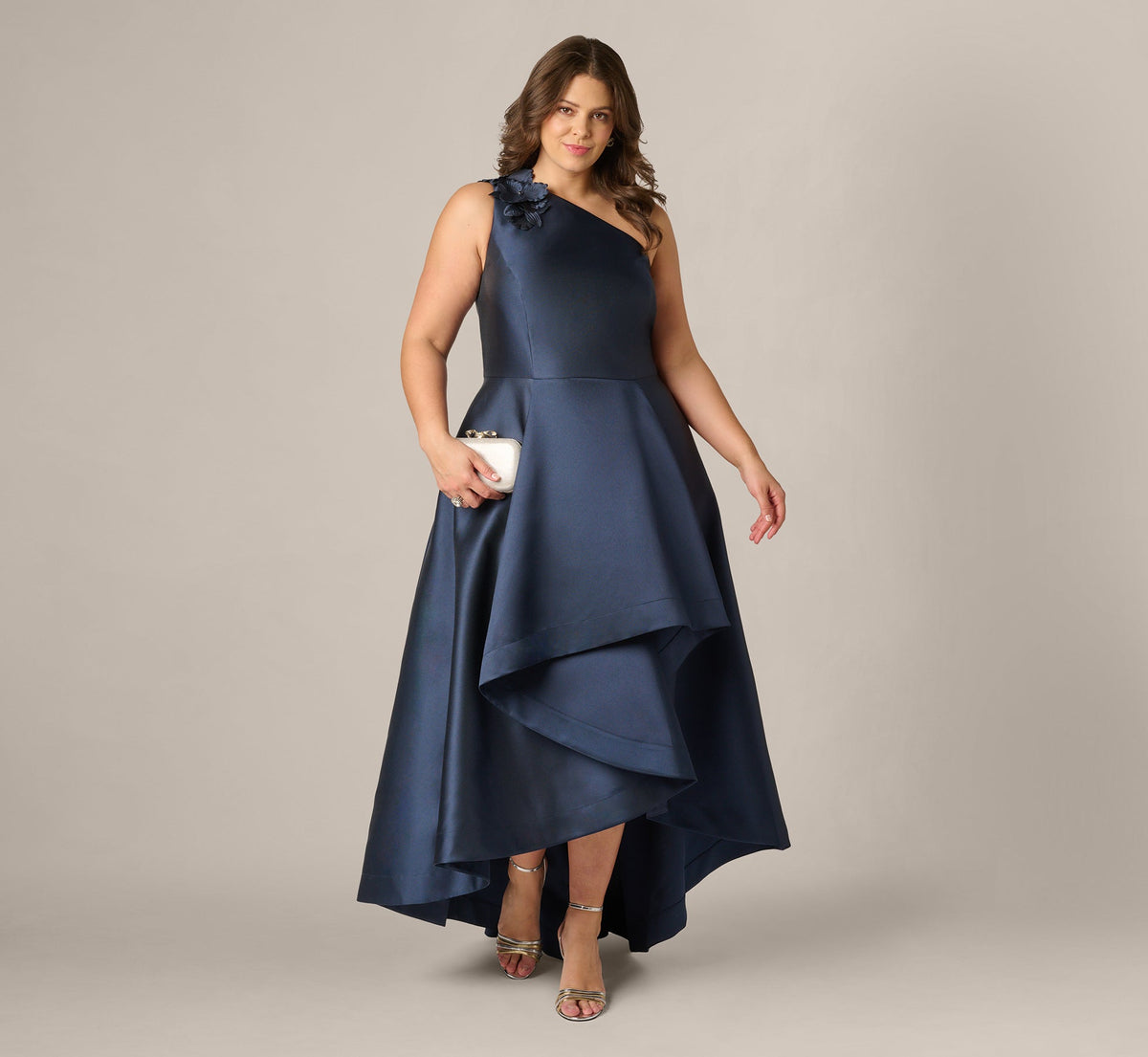 Plus Size One Shoulder Draped Mikado High Low Gown - Midnight | Adrianna Papell