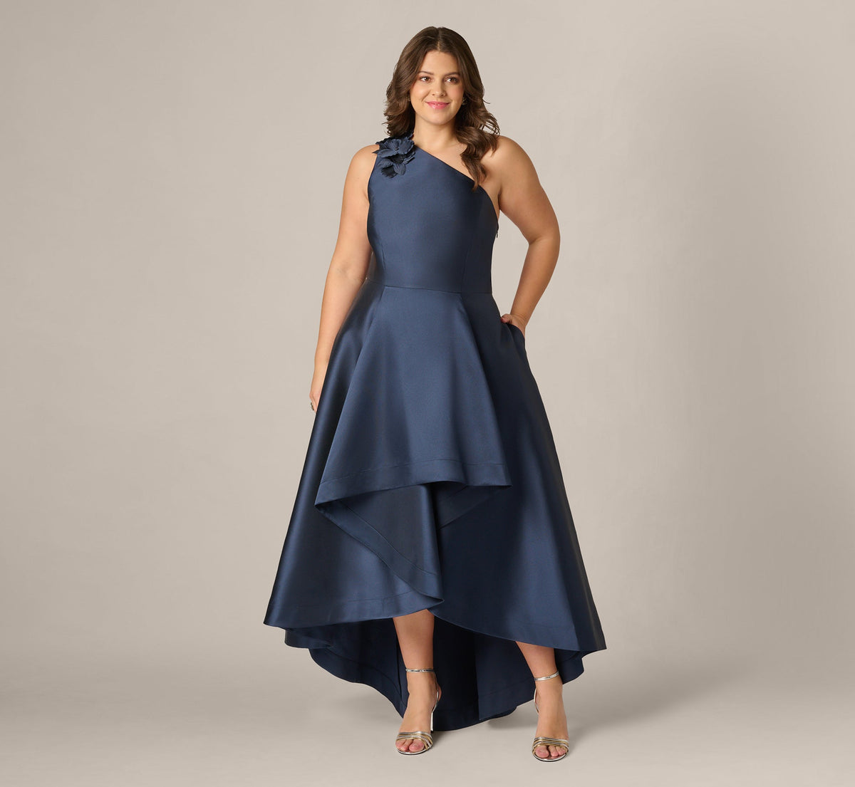 Plus Size One Shoulder Draped Mikado High Low Gown - Midnight | Adrianna Papell