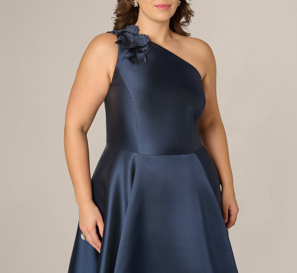 Plus Size One Shoulder Draped Mikado High Low Gown - Midnight | Adrianna Papell