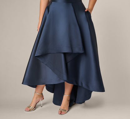 Plus Size One Shoulder Draped Mikado High Low Gown - Midnight | Adrianna Papell