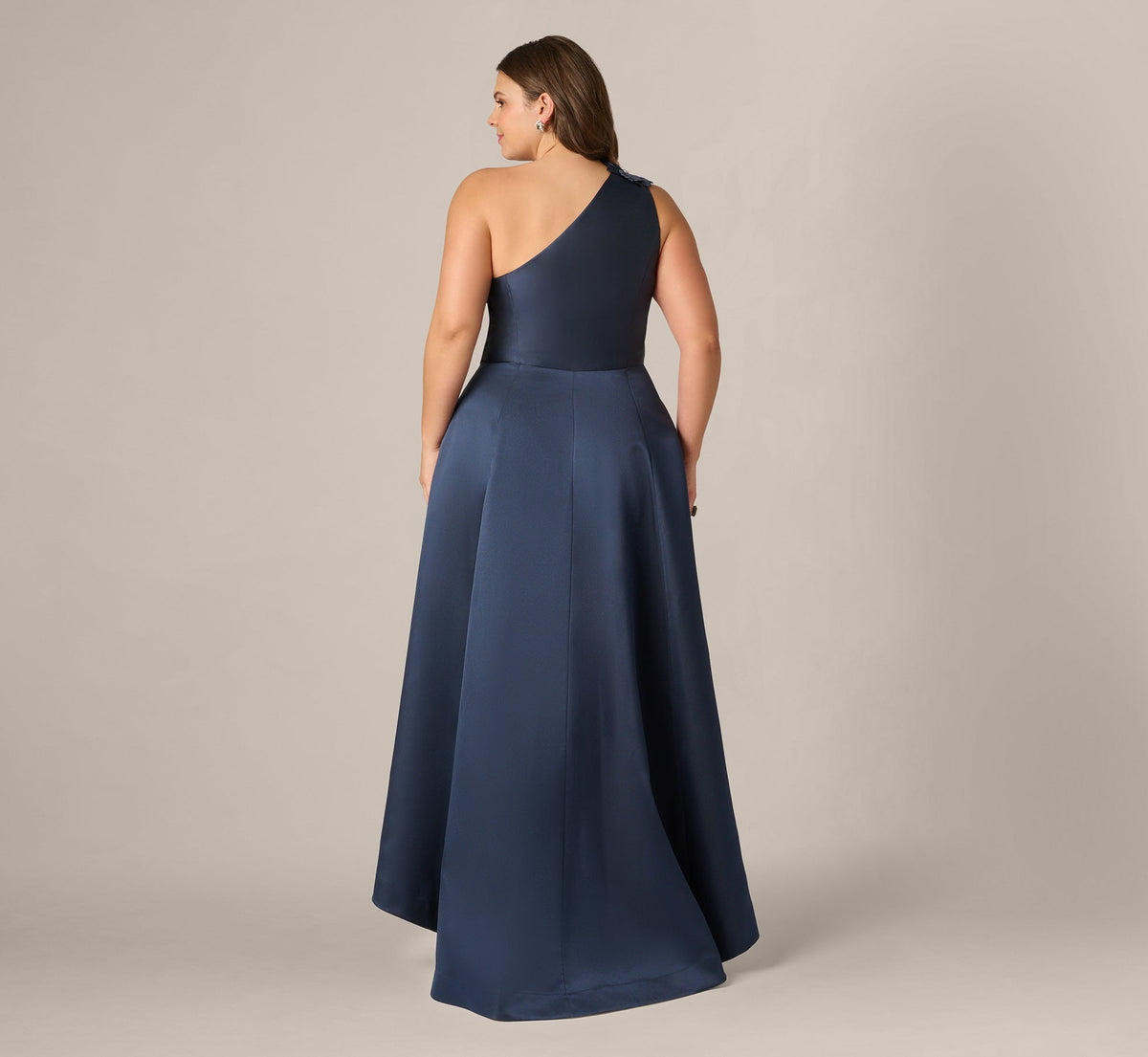 Plus Size One Shoulder Draped Mikado High Low Gown - Midnight | Adrianna Papell