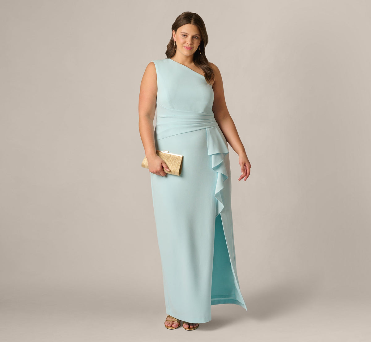 Plus Size One Shoulder Draped Ruffle Stretch Gown - Clear Sky | Adrianna Papell