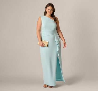 Plus Size One Shoulder Draped Ruffle Stretch Gown - Clear Sky | Adrianna Papell