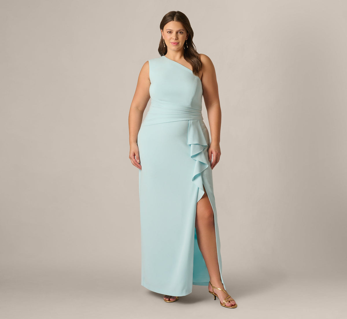 Plus Size One Shoulder Draped Ruffle Stretch Gown - Clear Sky | Adrianna Papell