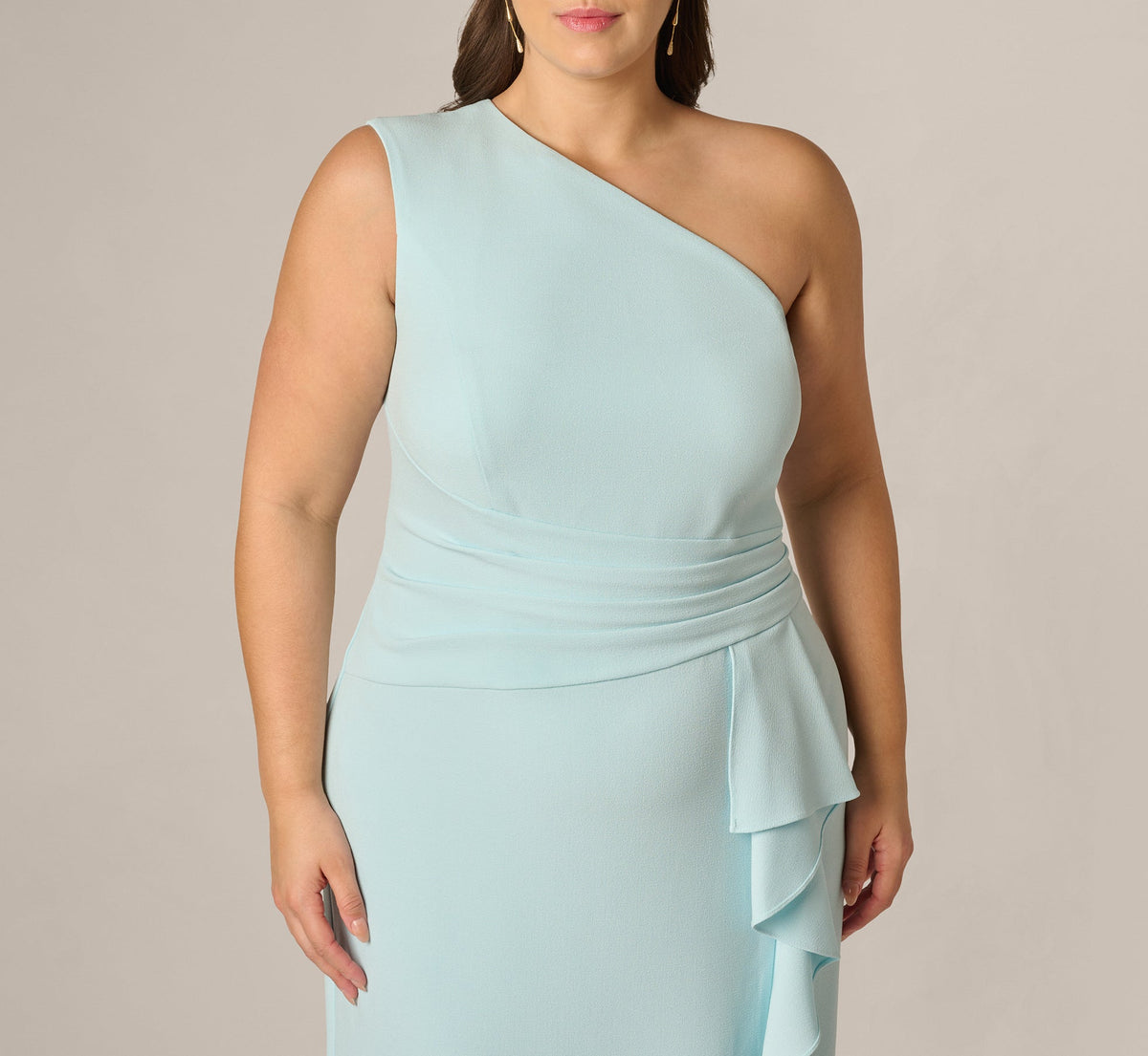 Plus Size One Shoulder Draped Ruffle Stretch Gown - Clear Sky | Adrianna Papell