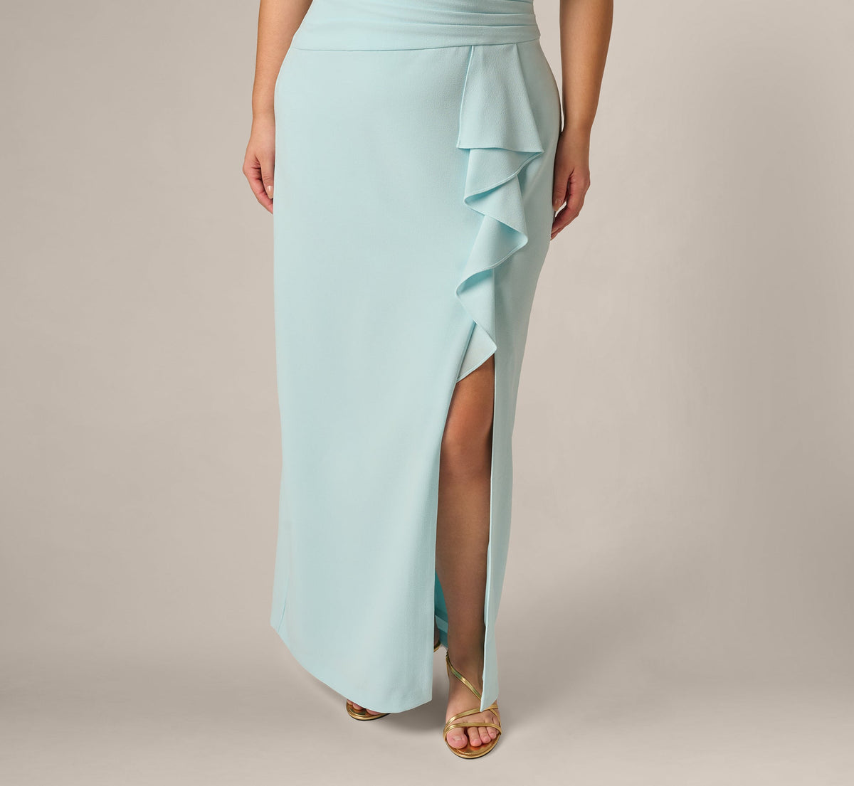 Plus Size One Shoulder Draped Ruffle Stretch Gown - Clear Sky | Adrianna Papell