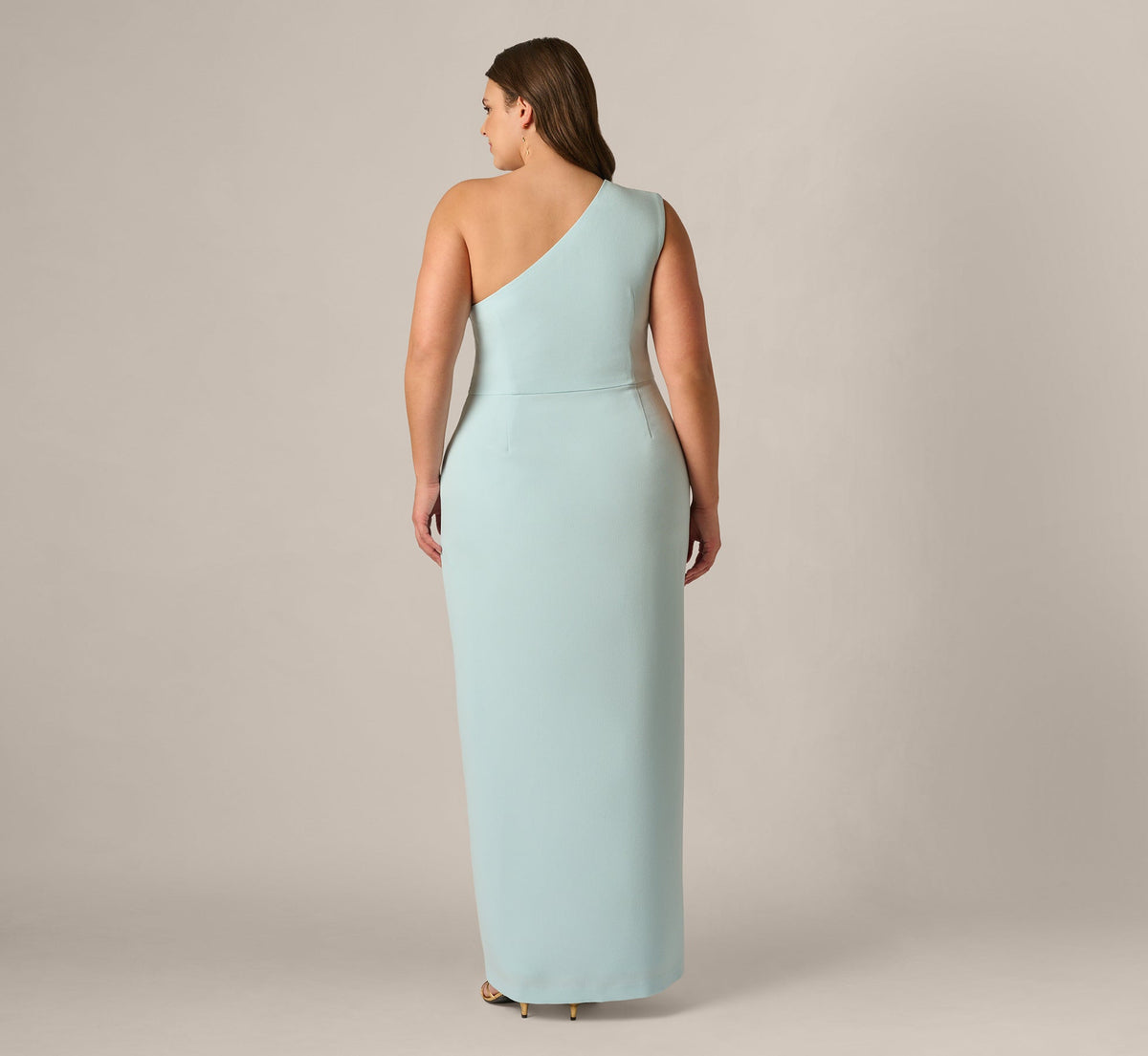 Plus Size One Shoulder Draped Ruffle Stretch Gown - Clear Sky | Adrianna Papell