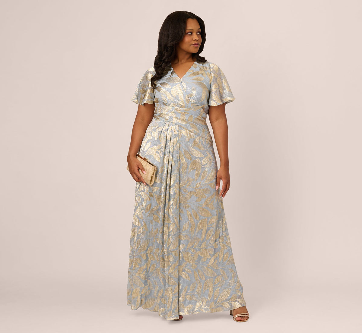 Plus Size Foil Leaf Short Sleeve Gown With Draped Details - Light Blue Gold | Adrianna Papell