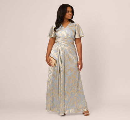 Plus Size Foil Leaf Short Sleeve Gown With Draped Details - Light Blue Gold | Adrianna Papell