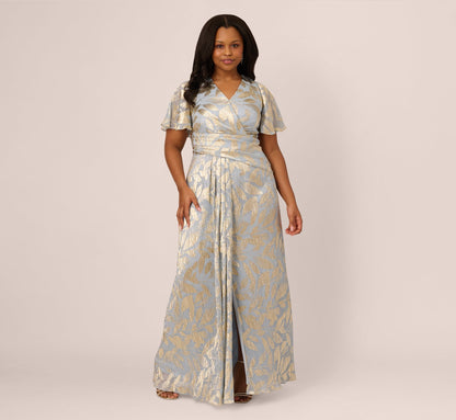Plus Size Foil Leaf Short Sleeve Gown With Draped Details - Light Blue Gold | Adrianna Papell