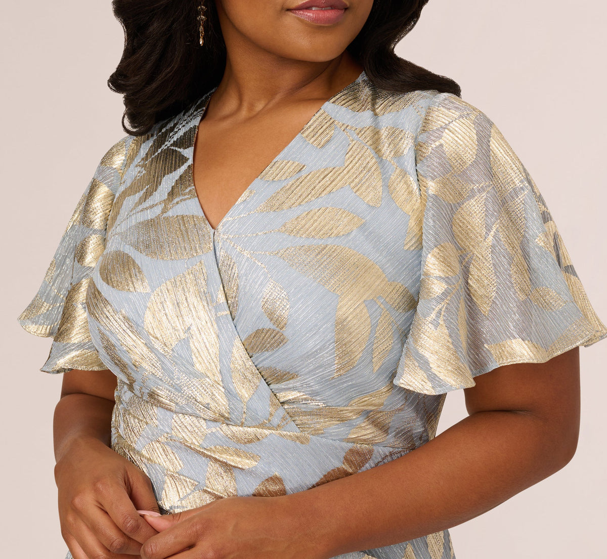 Plus Size Foil Leaf Short Sleeve Gown With Draped Details - Light Blue Gold | Adrianna Papell