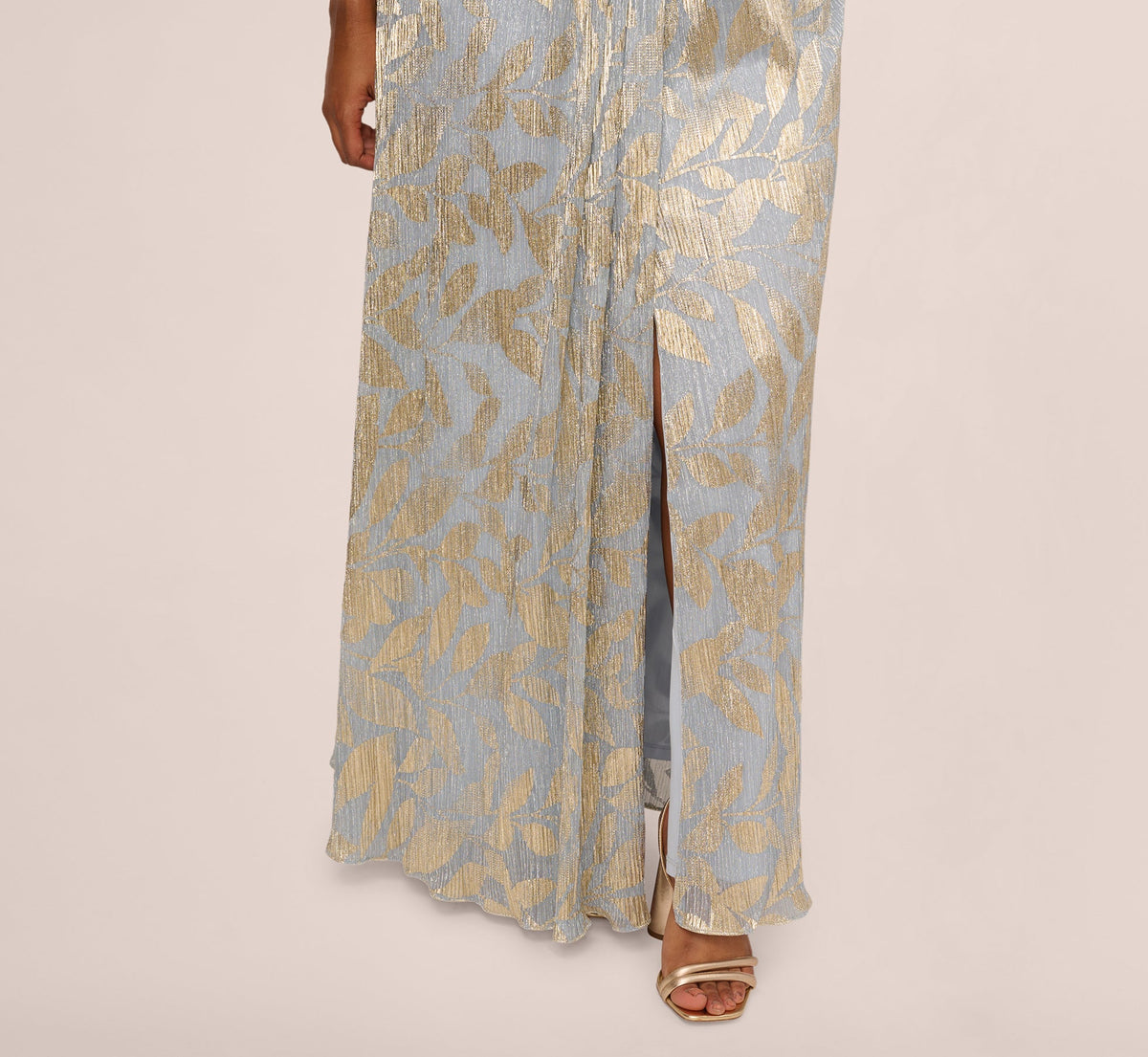 Plus Size Foil Leaf Short Sleeve Gown With Draped Details - Light Blue Gold | Adrianna Papell