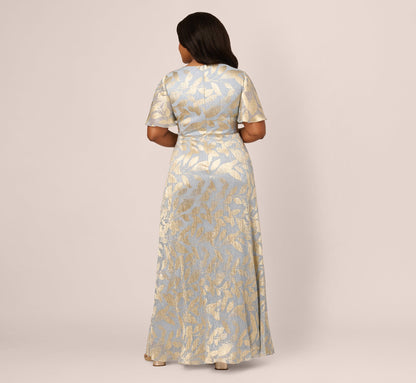 Plus Size Foil Leaf Short Sleeve Gown With Draped Details - Light Blue Gold | Adrianna Papell