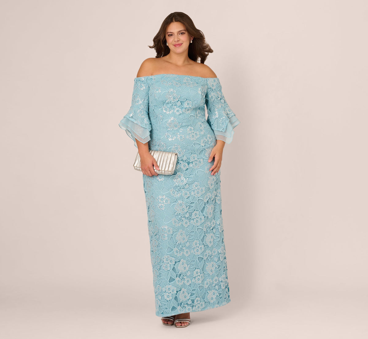 Plus Size Off Shoulder Bell Sleeve Sequin Lace Gown - Airy Aqua | Adrianna Papell