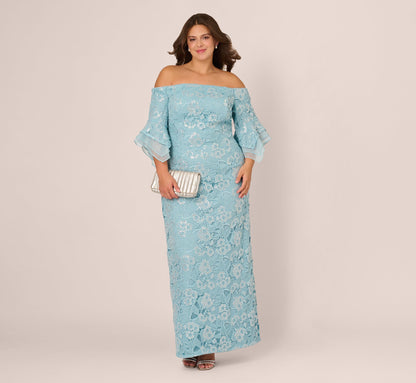 Plus Size Off Shoulder Bell Sleeve Sequin Lace Gown - Airy Aqua | Adrianna Papell