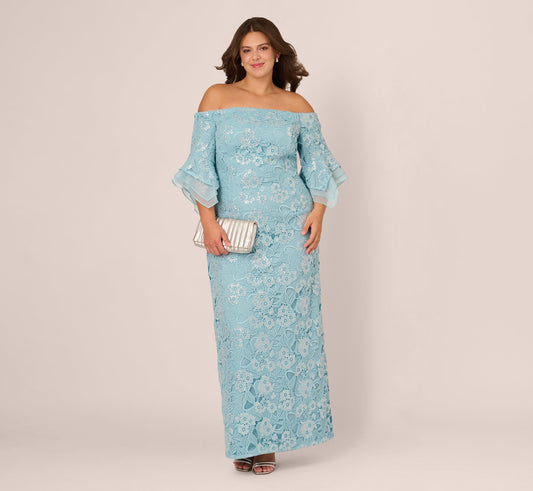 Plus Size Off Shoulder Bell Sleeve Sequin Lace Gown - Airy Aqua | Adrianna Papell