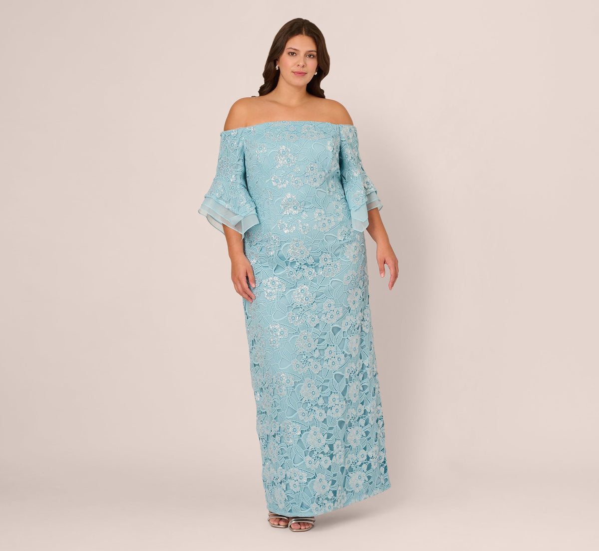 Plus Size Off Shoulder Bell Sleeve Sequin Lace Gown - Airy Aqua | Adrianna Papell