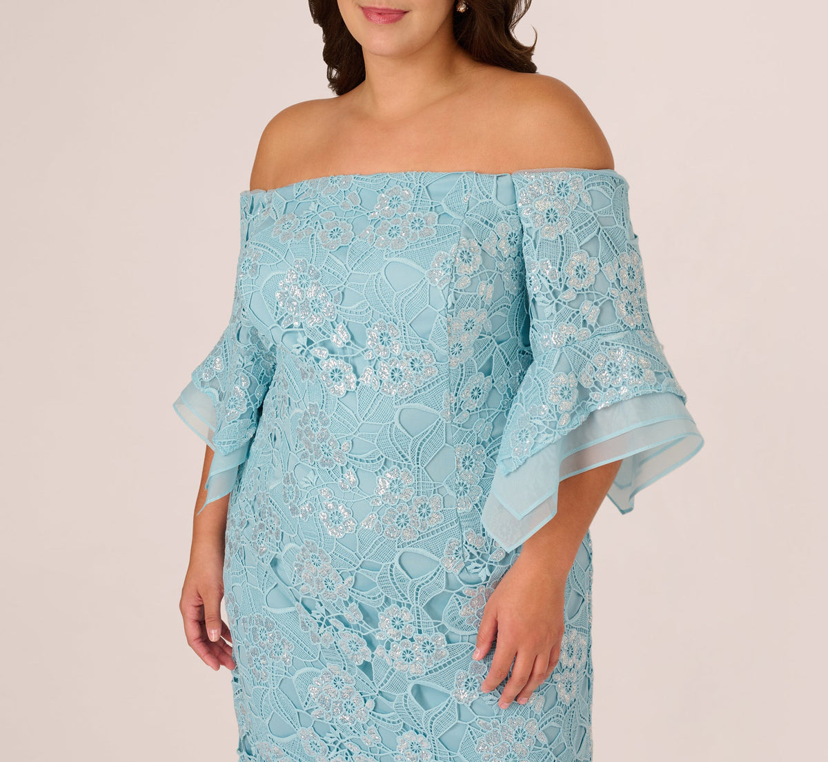 Plus Size Off Shoulder Bell Sleeve Sequin Lace Gown - Airy Aqua | Adrianna Papell