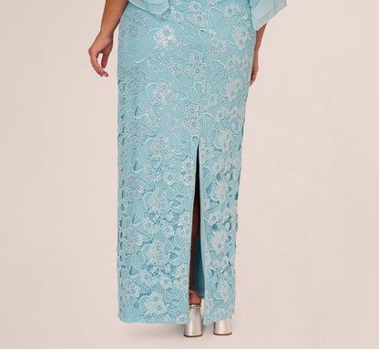 Plus Size Off Shoulder Bell Sleeve Sequin Lace Gown - Airy Aqua | Adrianna Papell