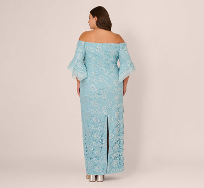 Plus Size Off Shoulder Bell Sleeve Sequin Lace Gown - Airy Aqua | Adrianna Papell