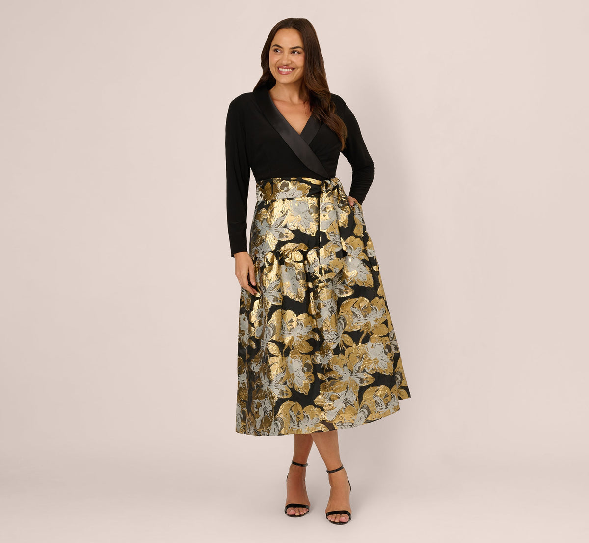 Plus Size Combo Floral Jacquard Dress - Black Gold | Adrianna Papell
