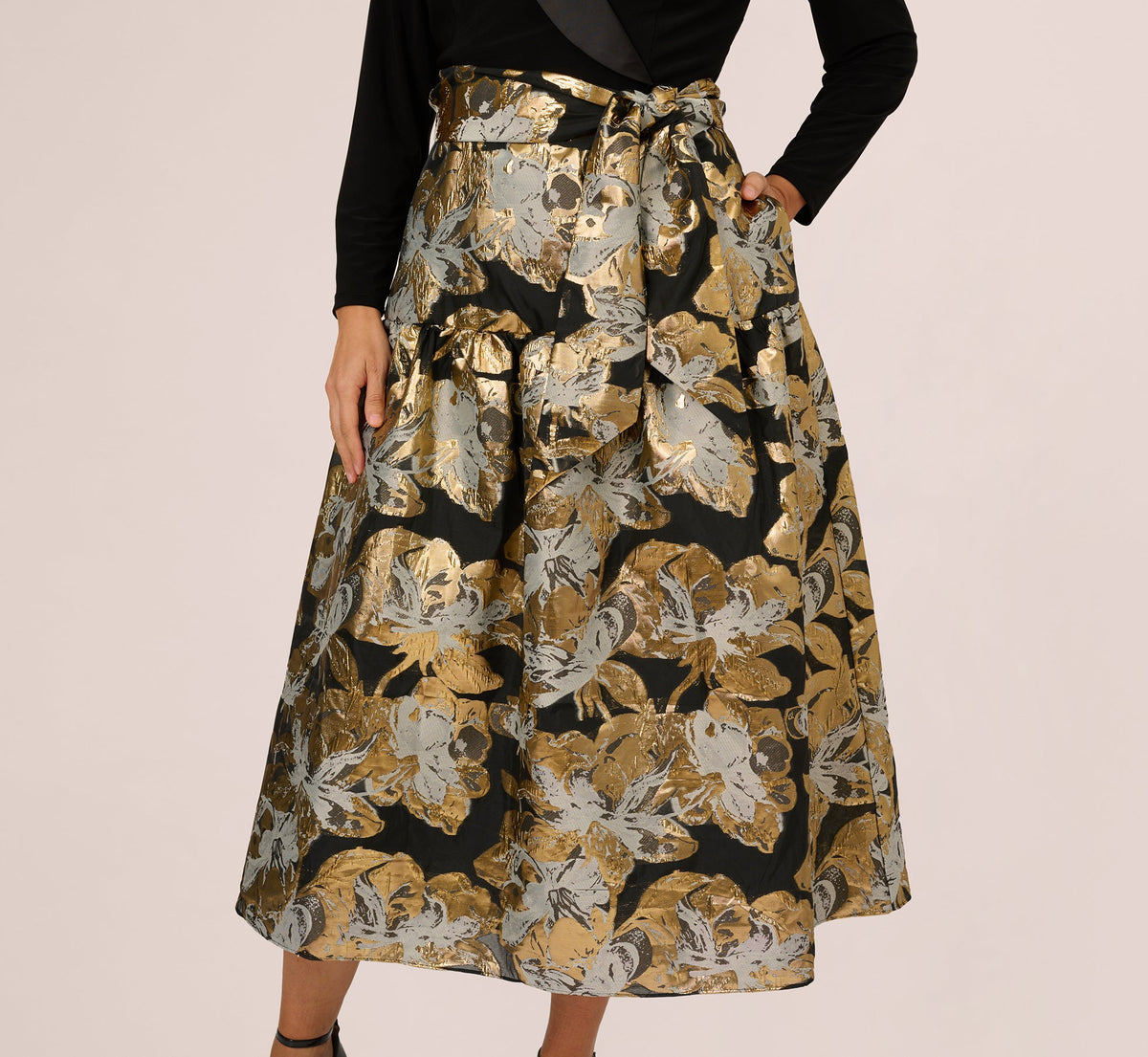 Plus Size Combo Floral Jacquard Dress - Black Gold | Adrianna Papell