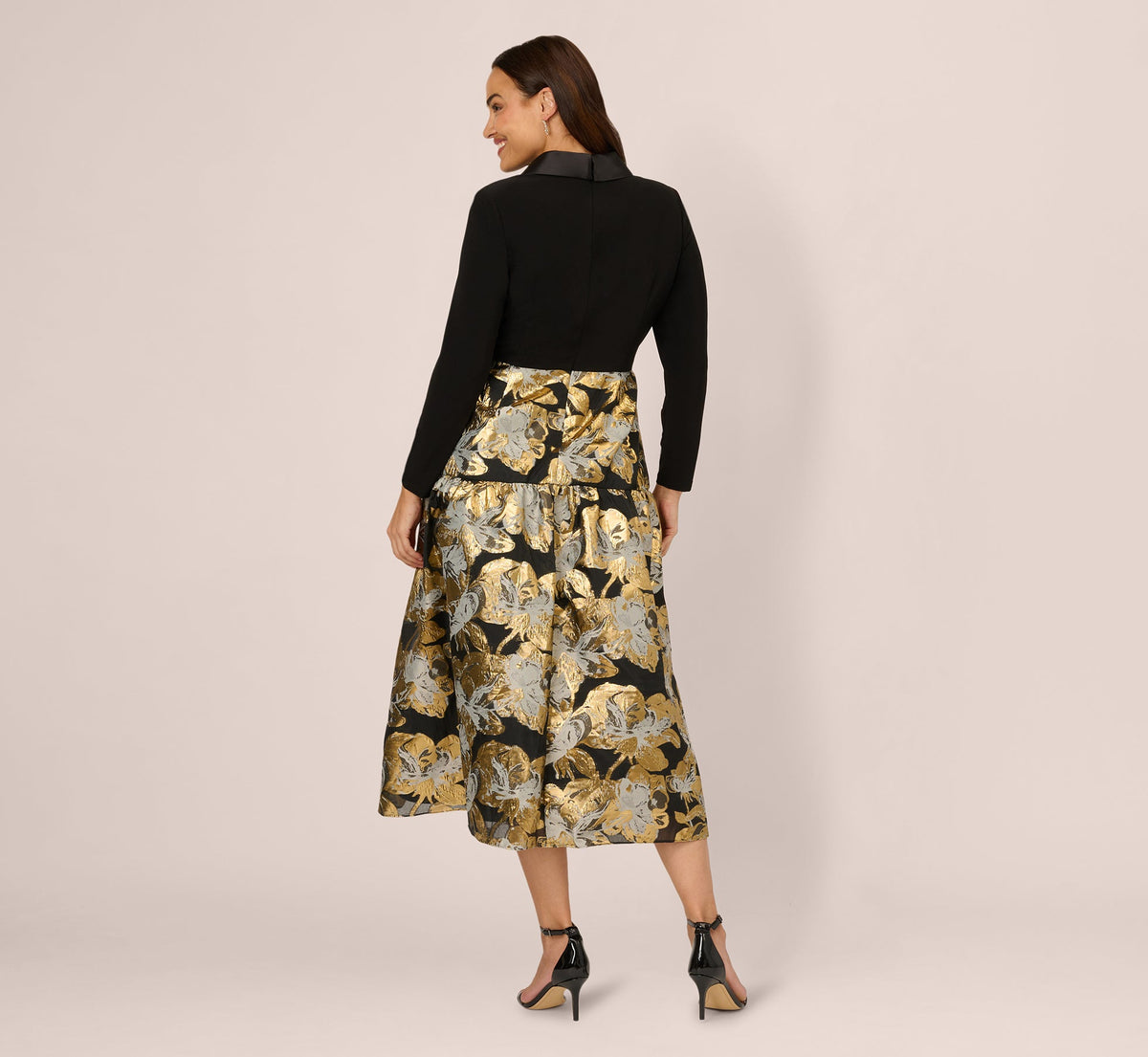 Plus Size Combo Floral Jacquard Dress - Black Gold | Adrianna Papell